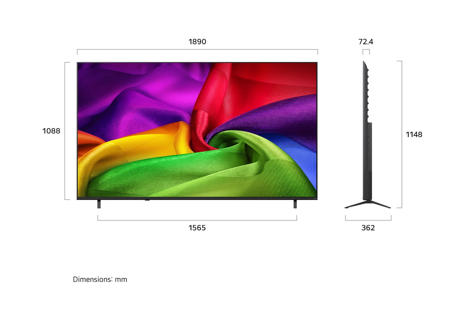 LG NANO 4K UHD AI nu70 shown in front and side views highlights an 85-inch display with a 1890 mm-wide screen, 1088 mm screen height, 1148 mm height with stand, a 72.4 mm profile depth, and a stand footprint measuring 1565 by 362 mm.